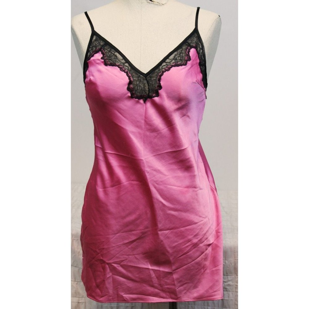 Victoria's Secret Pink Satin Black Lace Chemise Negligee sz S Lingerie Slit